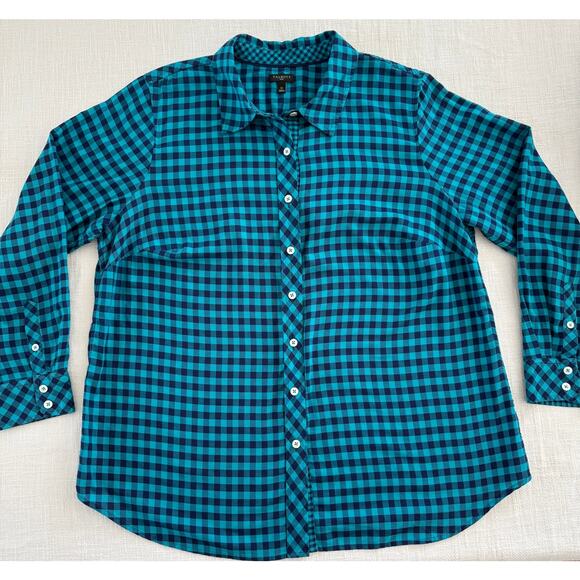 TALBOTS PLUS Button-Front Gingham Holiday Shirt – 100% Cotton – Blue – 1X - Picture 2 of 14